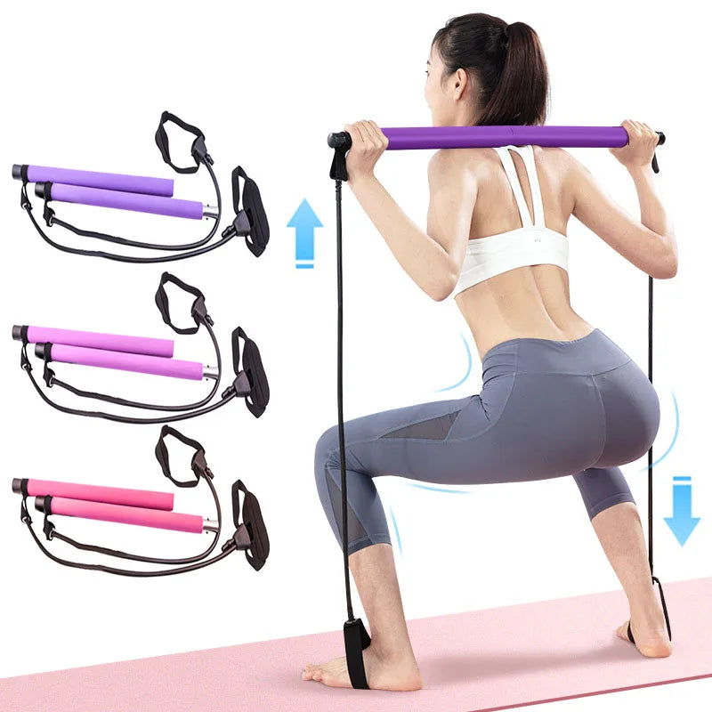 Portable Fitness Yoga Pilates Bar Stick with Resistance Bands–Home Gym Trainer for Full-Body Workout