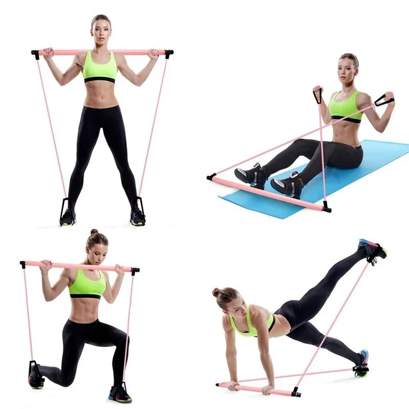 Portable Fitness Yoga Pilates Bar Stick with Resistance Bands–Home Gym Trainer for Full-Body Workout
