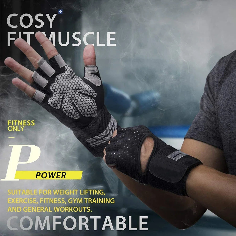 Half Finger Gym Fitness Gloves with Wrist Wrap Support for Men & Women – Crossfit, Weightlifting