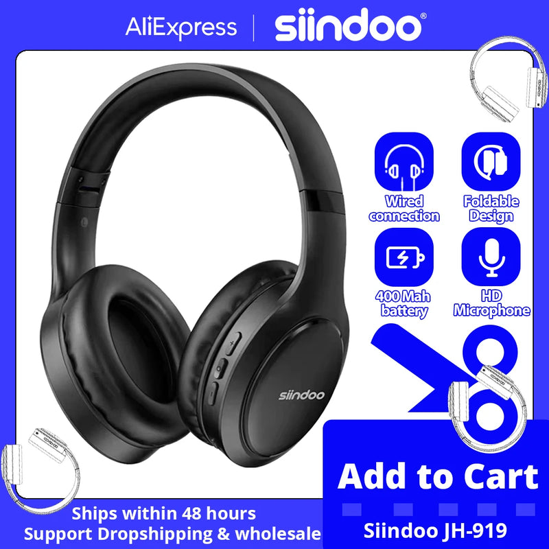 Siindoo JH-919 Wireless Bluetooth Headphones – Foldable, Noise Cancelling, Bass, with Mic.