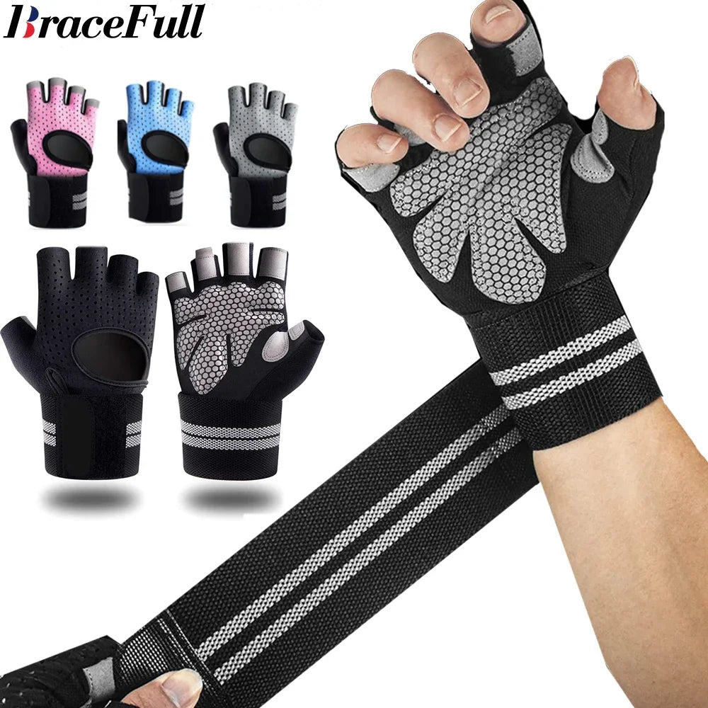Half Finger Gym Fitness Gloves with Wrist Wrap Support for Men & Women – Crossfit, Weightlifting