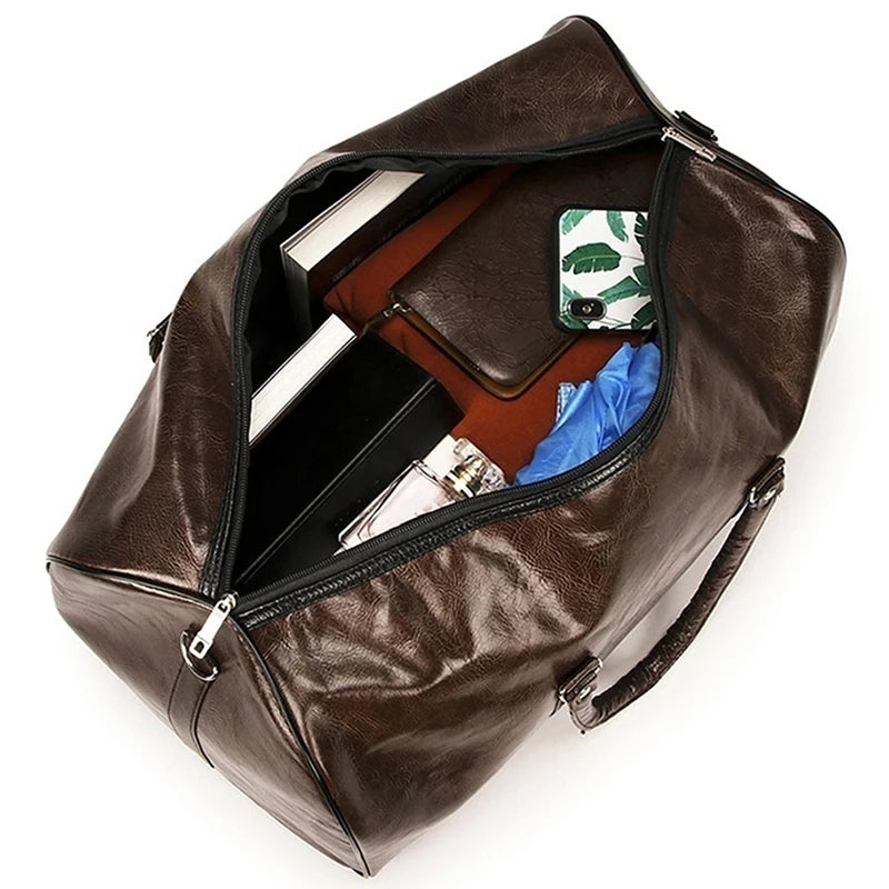 Men's Large Leather Travel Duffle Bag - Fashionable PU Shoulder Bag for Gym, Fitness, and Travel