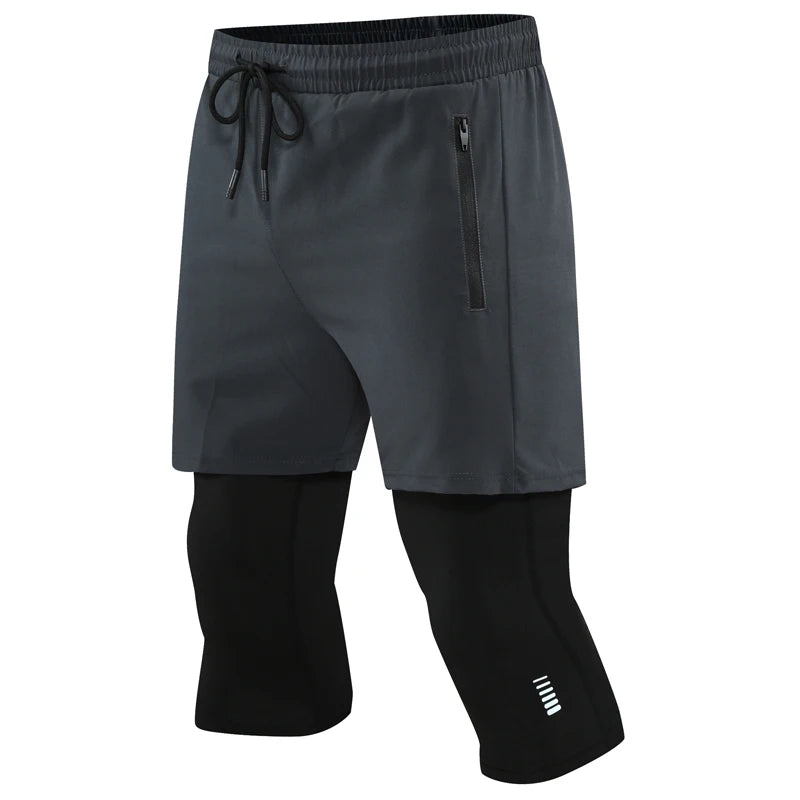 Men’s 2-in-1 Cropped Compression Pants with Zipper Pocket | Quick-Dry Running & Training Leggings