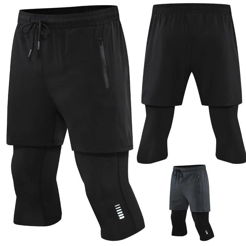 Men’s 2-in-1 Cropped Compression Pants with Zipper Pocket | Quick-Dry Running & Training Leggings