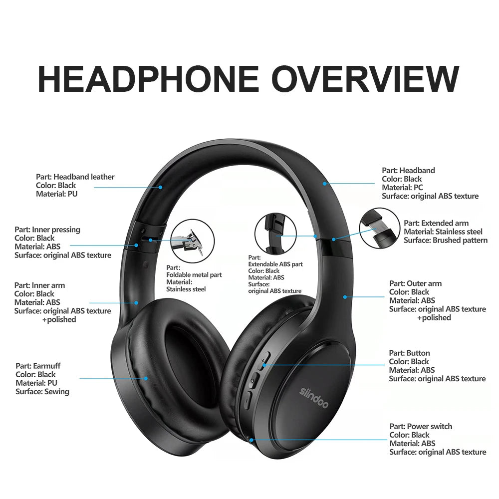 Siindoo Wireless Bluetooth Headphones – Foldable Stereo with Super Bass & Noise Reduction