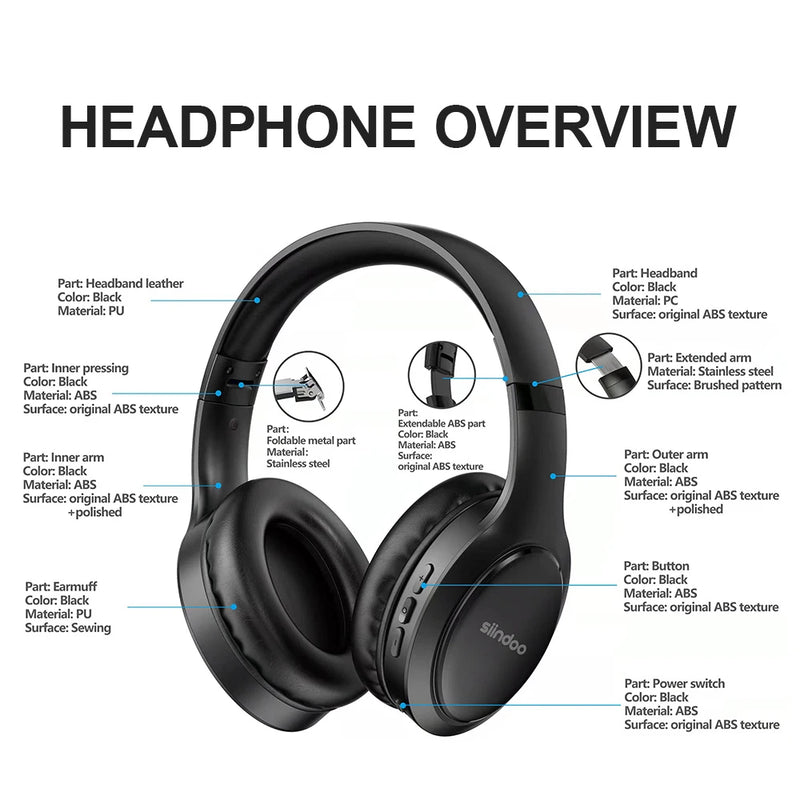 Siindoo Wireless Bluetooth Headphones – Foldable Stereo with Super Bass & Noise Reduction